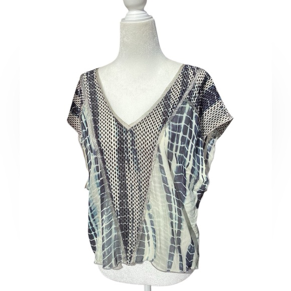 Burning Torch Tops - Burning Torch Upcycled Silk Blouse in Tie Dye Indigo on light Gray mesh detail